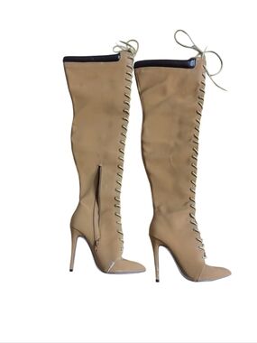 JustFab Tan Lace-Up Over-the-Knee Stiletto Boots